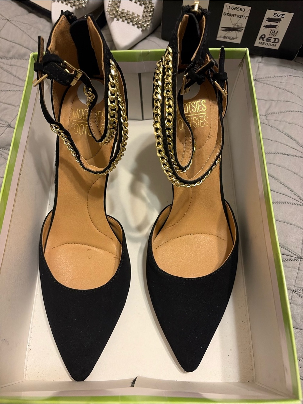 Tootsie’s Tootsies Black Pointed Toe Ankle Strap Heels with Gold Chain